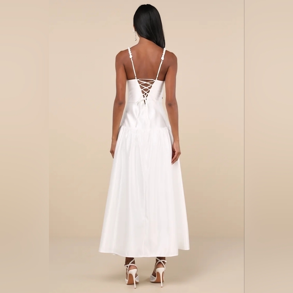 Lulus Modern Adoration White Satin Backless Lace-Up Maxi Dress Wedding Party - Picture 5 of 10